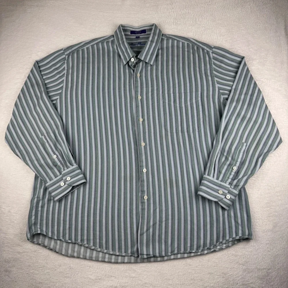 Alan Flusser Button Down Shirt Mens XXL‎ Green Blue Striped Long Sleeve Cotton